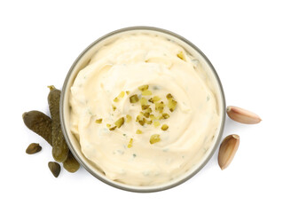 Tartar sauce and ingredients on white background, top view