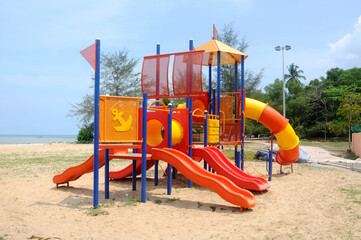 MALACCA, MALAYSIA -MAY 02, 2016: Children's outdoor playground in the public park. It was designed with a few different themes and colors to give a different experience to the kids. 