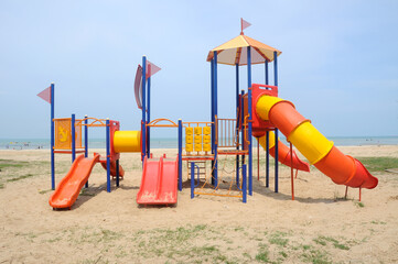 MALACCA, MALAYSIA -MAY 02, 2016: Children's outdoor playground in the public park. It was designed with a few different themes and colors to give a different experience to the kids. 