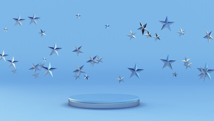 3d podium and silver stars on blue background. Round pedestal, blank steps, empty space. Product showcase mockup. Design for winter holiday. Banner template