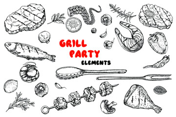 Grill party set. Grill collection. Food. Meat.Fish. Black and white hand drawn illustration. Grill spices. Sketch. Engraving style. Isolated on white.Vintage.Bar,desing restaurant menu