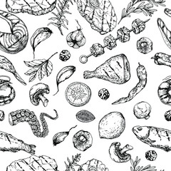 Pattern Grill party set. Grill collection. Food. Meat.Fish. Black and white hand drawn illustration. Grill spices. Sketch. Engraving style. Isolated on white.Vintage.Bar,desing restaurant menu