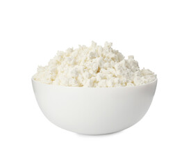 Delicious fresh cottage cheese in bowl isolated on white