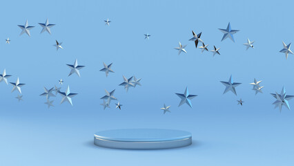 3D blue background. Empty podium display for product presentation. Minimal geometric shapes with neon silver stars. Abstract pedestal showcase. Banner template
