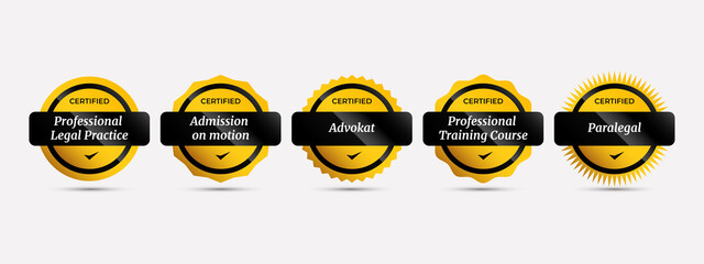 Certified badge with luxury yellow and black. Professional certification law in multiple categories. vector illustration stamp logo icon template.
