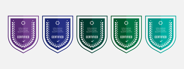 Certified logo badge shield design for company training badge certificates to information technology qualified certified. Set bundle certify with colorful security vector illustration.