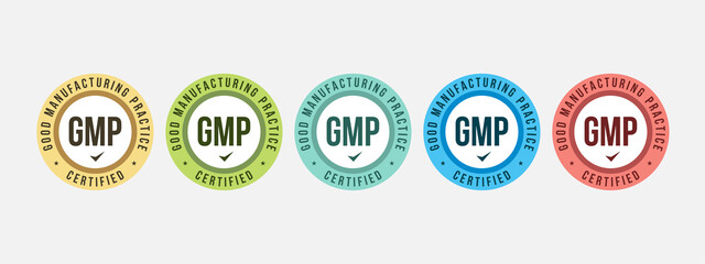 GMP (Good Manufacturing Practice) certified round stamp on white background. Vector illustration certification badge icon template.