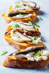Toast with cream cheese, sprats (sardine) and green onions. Simple homemade recipes concept.