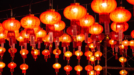 Chinese red lanterns at night, Chinese New Year. © Pituk