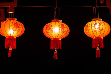 Chinese red lanterns on black background