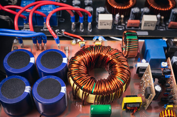 Copper transformers on amplifier power supply, electronic equipment, circuit board.