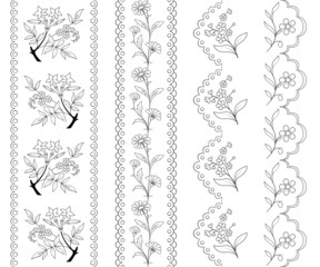 Seamless floral borders. Black and white. Embroidery, needlework patterns.