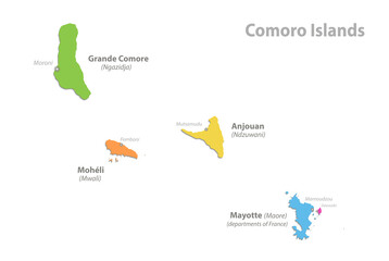 Comoro Islands map, administrative division, separate individual regions with names, color map isolated on white background vector