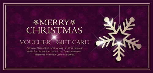 Voucher with snowflak, Exclusive gifts card, Merry christmas background purple vector