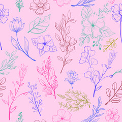 Seamless floral pattern with one line flowers. Vector hand drawn illustration. Design for textile, fabric, banner, poster, card, invitation and scrapbook