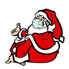 Santa Claus in face mask sitting and pointing. Vector on transparent background