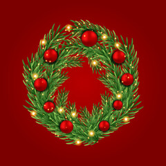 Christmas wreath with red balls. Happy New Year 2022. Merry Christmas. Holiday