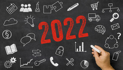 2022 written on a blackboard with icons