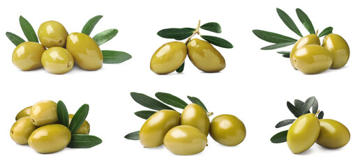 Set with fresh green olives on white background. Banner design