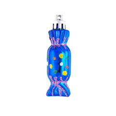 Glass candy in blue wrapper. Vintage glass toy for decoration of xmas tree for christmas holiday. Close-up, isolated on white background for your design.