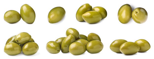 Set with fresh green olives on white background. Banner design