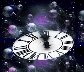 New Year's at midnight .Old clock with stars snowflakes and holiday lights. Christmas and New Year background