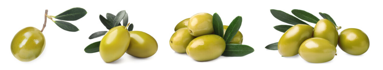 Set with fresh green olives on white background. Banner design
