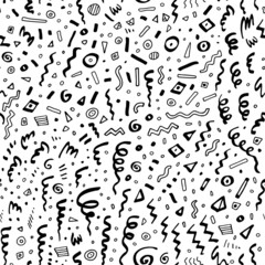 Hand drawn party seamless pattern with confetti. Endless texture backdrop.Tileable background illustration in black and white colors. Artistic digital paper