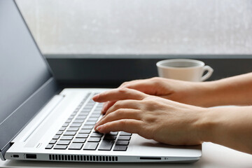 Female hands on laptop keyboard on a desk. Woman types on the laptop keyboard sitting near the...