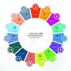 Basic circle infographic template with 15 steps, process or options, process chart, Used for process diagram, presentations, workflow layout, flow chart, infograph. Vector eps10 illustration.