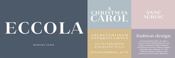 Eccola, modern serif typeface design. Uppercase and lowercase letters, numbers and special characters.