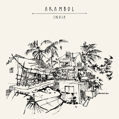 Vector Arambol, Goa, India postcard. Tropical village landscape. Artistic drawing. Travel sketch. Vintage hand drawn postcard, poster, brochure illustration - obrazy, fototapety, plakaty