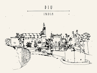 Vector Diu, India illustration. A beautiful Portuguese church postcard. Hand drawn cityscape sketch. Travel art. Vintage artistic poster