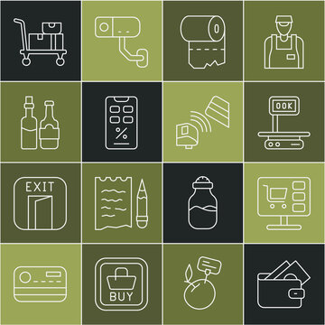 Set Line Wallet With Money, Shopping Cart Computer, Electronic Scales, Toilet Paper Roll, Percent Discount And Mobile, Whiskey Bottle, Hand Truck Boxes And POS Terminal Credit Card Icon. Vector