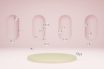 Round podium for product presentation with metallic bubbles. 3d modeling scene in calm pastel colors