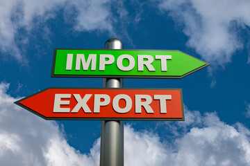 Import and Export road sign against a blue sky with some clouds. 3D illustration