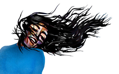 A young woman’s hair blows in the wind in this 3-d illustration.
