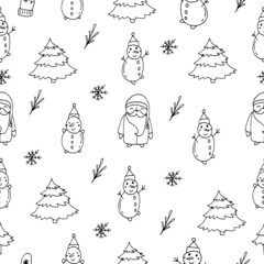 Christmas vector illustration snowman Santa Klaus snowflake  tree seamless pattern 