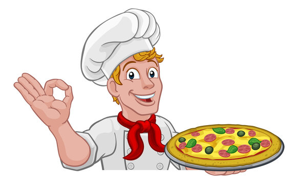 Chef Pizza Cook Man Cartoon Peeking Over Sign