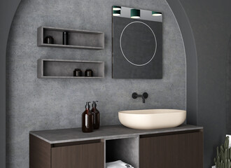 Modern bathroom with beige sink, minimalistic dark interior design.Side view. 3d rendering