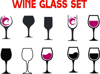 Set of Red Wine glasses. Set of transparent vector glasses for wine, martini, champagne and other, Silhouettes of wineglasses and bottles
