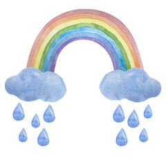 Watercolor bright colorful rainbow with clouds and rain blue drops isolated on white
