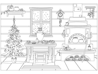 Fototapeta premium Vector illustration on the theme of Christmas and new year in the traditional Russian kitchen coloring book.