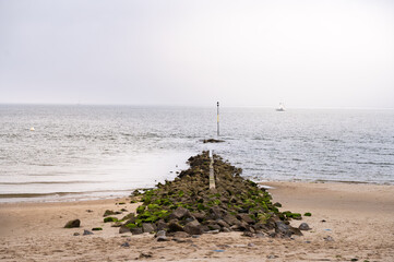 Groyne with shoals signs on the North Sea island of Föhr