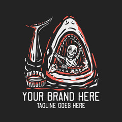 skeleton brushing shark jaw vintage t shirt design template