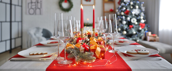 Beautiful table setting with Christmas decorations in living room - Powered by Adobe