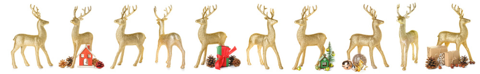 Set of golden Christmas reindeer with decorations on white background © Pixel-Shot