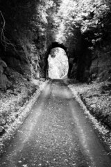 Small old brick bridge and tunnel over single track road or country lane in black and white