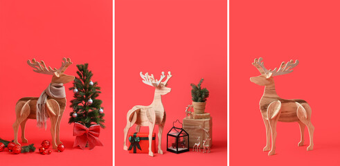 Set of wooden reindeer with Christmas decorations on red background