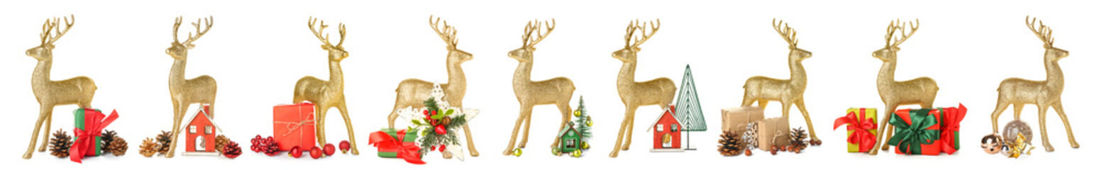 Set of golden Christmas reindeer with decorations on white background
